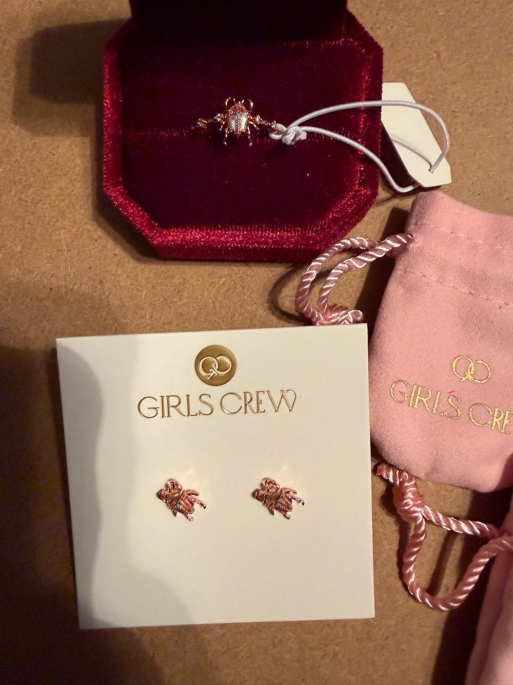 Girls Crew Beetlejuice rose gold earrings and ring